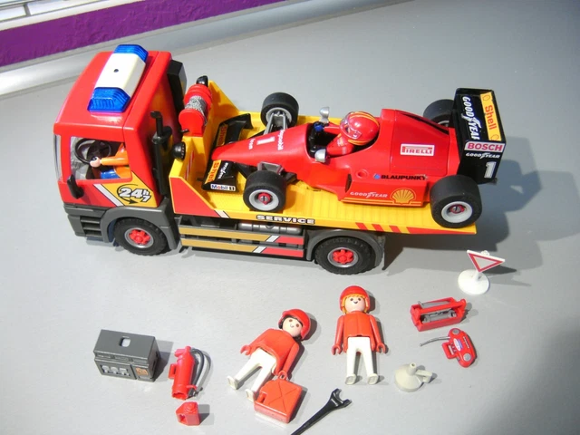 LOT U4 PLAYMOBIL VOITURE COURSE FORMULE 1 FERRARI sur  CAMION PLATEAU REMORQUAGE