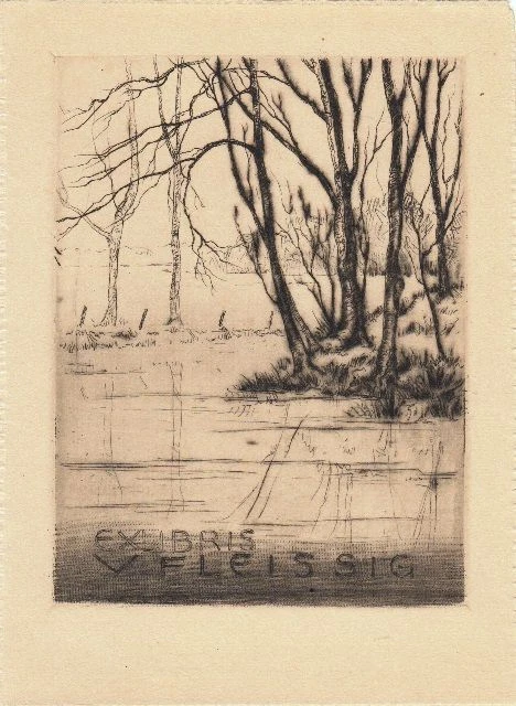 Exlibris Bookplate Etching Wilhelm Johannsen 1897-1938 Tree Shore Landscape