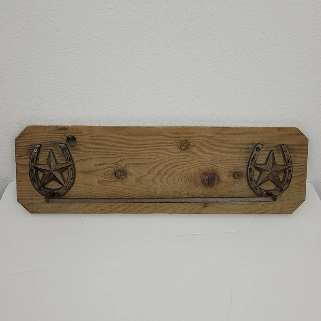 Handmade Carved Wooden Rustic Western Towel Rack Holder Horseshoe Stars Brass