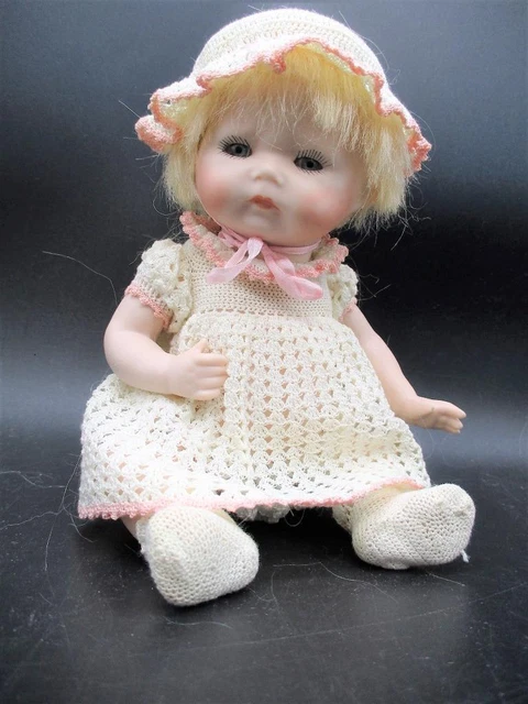 7" Antique Reproduction All Bisque Baby Doll Glass Eyes Marked Bonnet BABE ?