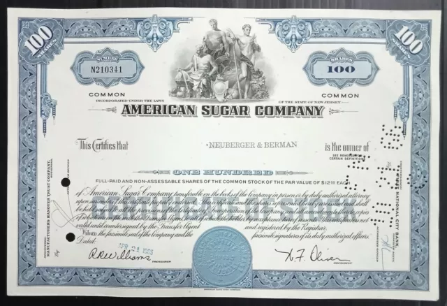 AOP USA 1966 American Sugar Co.100 shares certificate