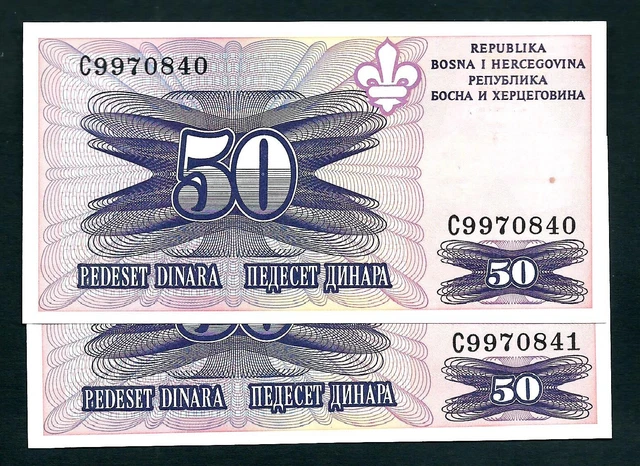 Bosnia & Herzegovina (P47) 50 Dinara 1995 x 2 Consecutive UNC