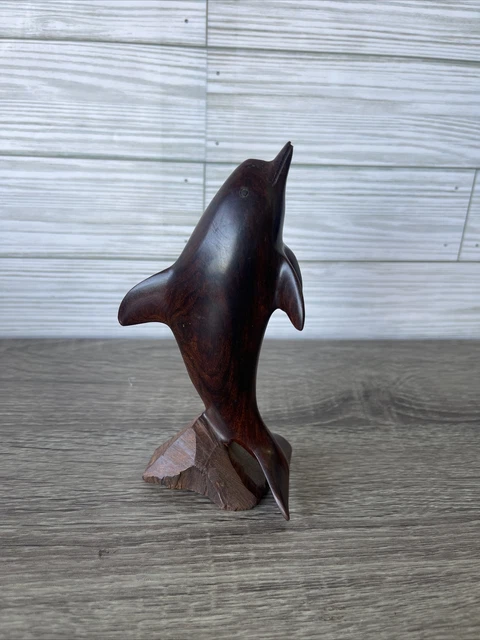 Dolphin Figure Hand Carved Wood Statue Vintage 5” Signed
