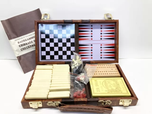 Travel Game Set 6 in 1 Dominos Chess Checkers Backgammon Cribbage Carry Case