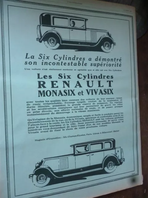 RENAULT  MONASIX et VIVASIX automobile 50 publicité papier ILLUSTRATION 1928 eb