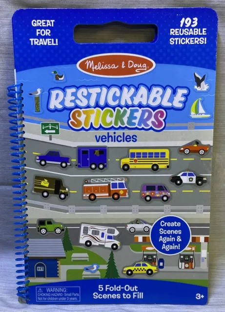 Melissa & Doug Restickable Vehicle Sticker Book With 5 Scenes, 193 Stickers, NEW