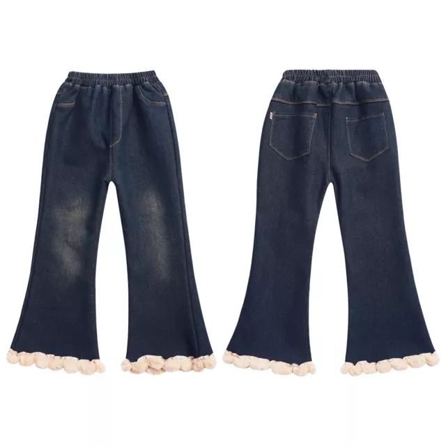 Kids Girls Pants Faux Fur Trim Trousers Training Denim Ruffled Hem Outdoor Cute