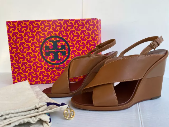 TORY BURCH ALMITA Camel Tan Leather Wedge Sandal Platform Women Heel Size   M $ - PicClick
