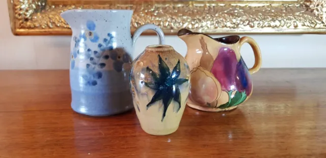 Three Studio Art Pottery Hand Painted Jugs & Vase including 1930s Royal Stanley