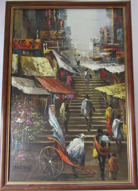 Large Vintage 70's TANG PING Listed Chinese Market Oil Painting Signed Framed