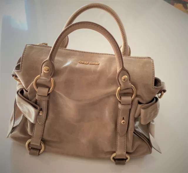 Miu Miu Vitello Lux Bow Satchel Calfskin Leather Authentic New, Beige color