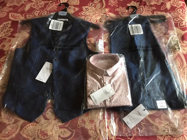 BOYS M&S BLUE 3 PIECE SUIT WAISTCOAT, adjustable TROUSERS, floral SHIRT 13/14 y