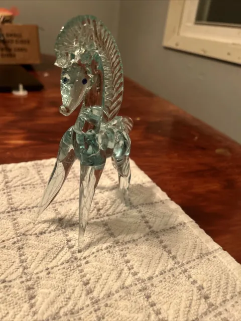 Vintage Murano Style Blown Glass Horse Equine Blue White Aqua Applied 7.5 inches