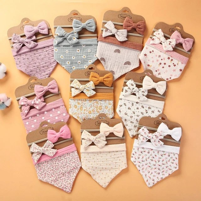 Flower Print Bow Headband Saliva Towel Baby Bib Burp Cloth Feeding Towel
