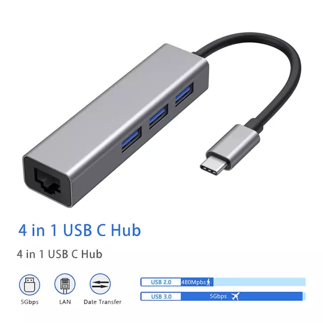 Usb-C Moyeu Splitter Distributeur USB A 3Port Gigabit Ethernet Lan Type .