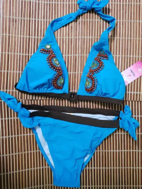 Bikini Bra Top Swimwear Padded Top Ladies Beachwear Triangle Top & Bottom Blue