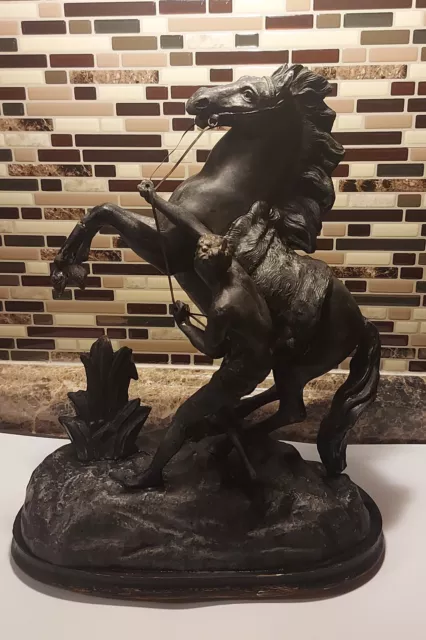 large 15" antique black patinated horse & trainer metal statue sculpture See Pic