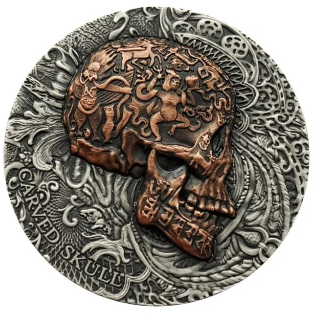 2017 Carved Skull 1 oz Pure Silver High Relief Antiqued Coin
