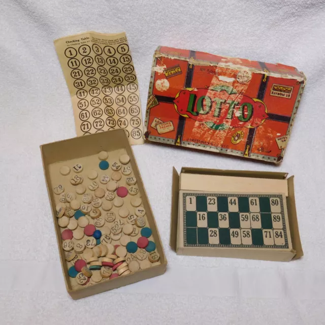 Vintage Antique J Pressman & Co. NYC LOTTO Game No. 5/25 with Wooden Tokens