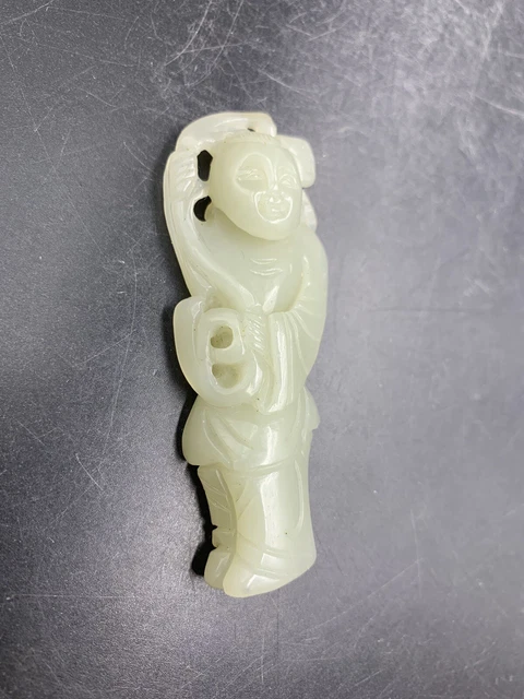 Chinese Antique Jade Carving Boy Holding Flowers 32g 2