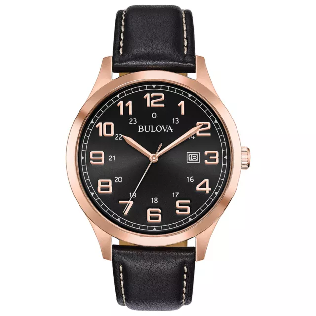 Bulova Men's Quartz Rose Gold Case Black Leather Band Calendar Watch 42mm 97B164