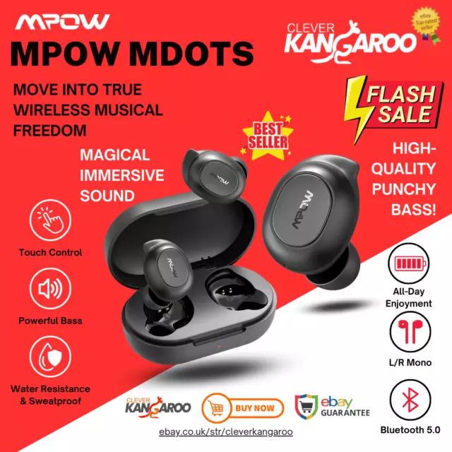 Mpow MDots Bluetooth 5.0 Wireless Earbuds Headphones Bass Headset Earphones Mics