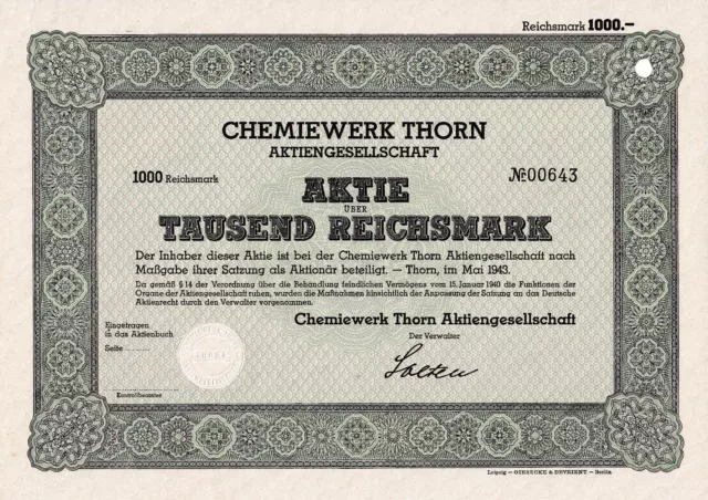 Chemiewerk Thorn AG historische Aktie 1943 Toruń Polen Kujawien-Pommern