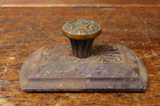 Antique 1890s Victorian Eastlake Ornate Cast Iron Desk Paperweight Brass Handle