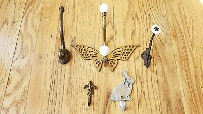 Lot of 5 Vintage Solid Brass and Metal Coat Hooks & Wall Hooks  