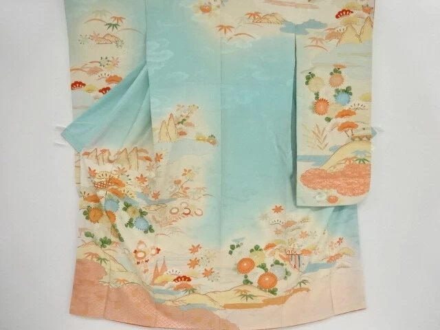 45471# Japanese Kimono / Antique Furisode / Embroidery / Kiku & Pine With Ba
