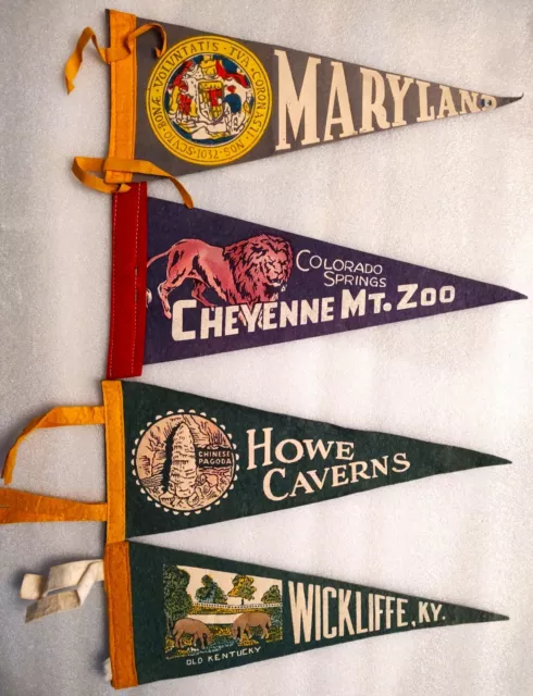 4 Vintage Felt Tourist Souvenir Pennants  Maryland Wickliffe Howe Caverns Mt Zoo