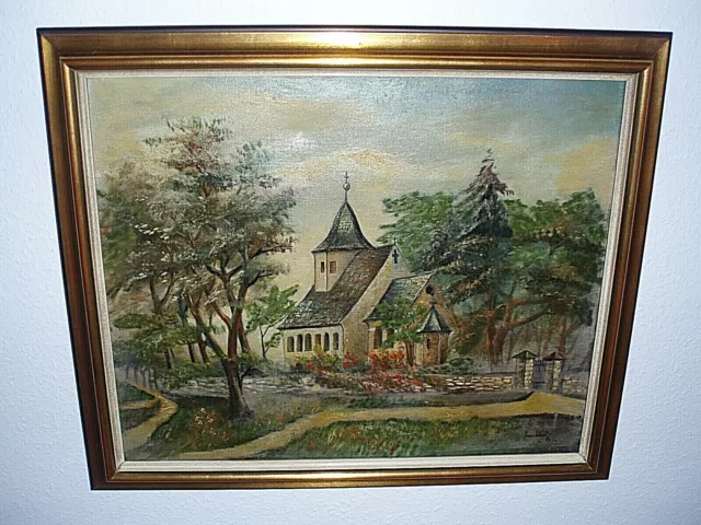 Ölgemälde "kleine Dorfkirche am Wald" mit gold-braunem Bilderrahmen, Top Zust.