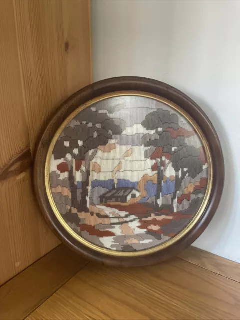Tapiz vintage cosido a mano imagen enmarcada redondo otoño Needlepoint Country