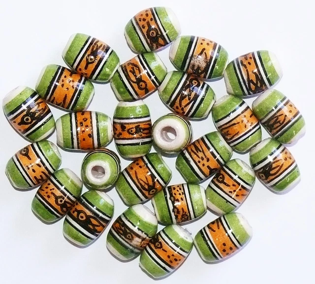 25 Keramik Perlen Peru,14 mm,Olive oval grün orange,Inka Muster,Indianer Schmuck