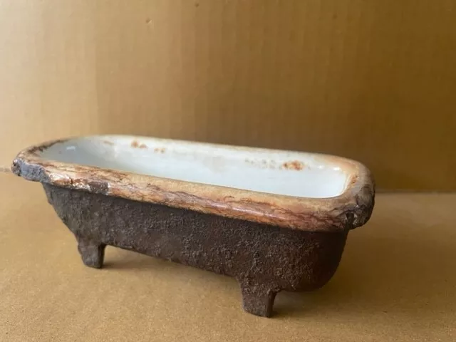 Old Antique Rustic Cast Iron Enamel Advertising Victorian Bathroom Mini Bathtub