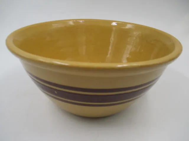 Vintage Yellow Ware mixing bowl with brown stripes. 9" . Stoneware Pottery