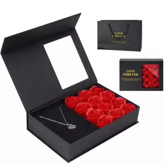 Perfect Valentines Gift. Rose Soap Flower Gift Box with Necklace or Red Lipstick