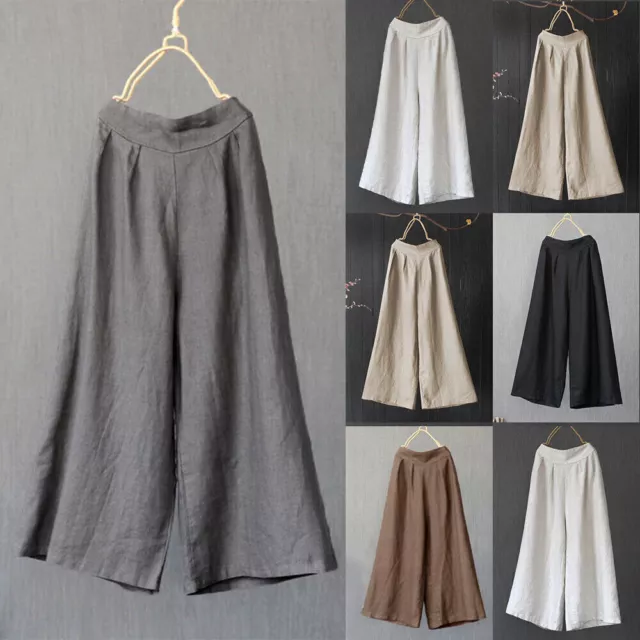 Pantalon Large En Coton Et Lin Pour Femmes Jupe-Culotte Palazzo Longue F