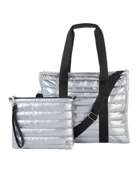 Samantha Brown Quilted Metallic Silver Tote & Crossbody 2 pc Set NWT