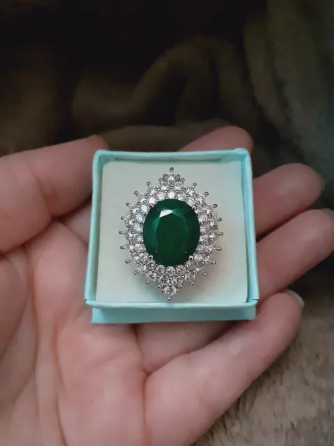 Natural Mined Emerald With Imitation Diamonds 925 Sterling Silver Size K1/2 Ring