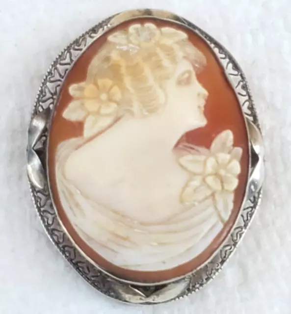 Lrg  Victorian Sterling w Filigree Heart Hand Carved Shell Lady Cameo Pin/Brooch