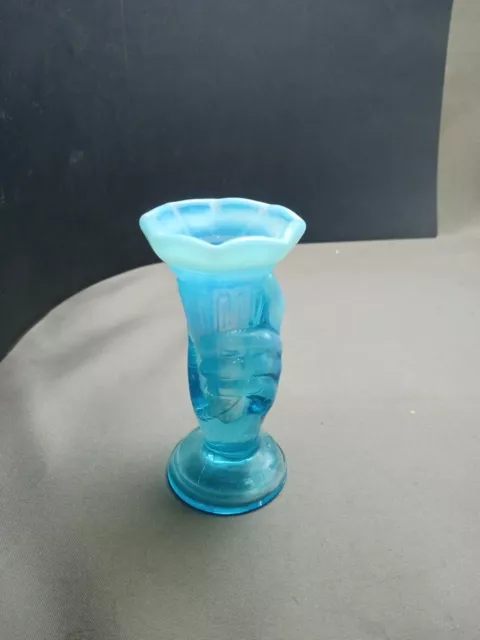 Vtg Fenton Glass Blue Opalescent Miniature Cornucopia Hand Bud Vase Toothpick