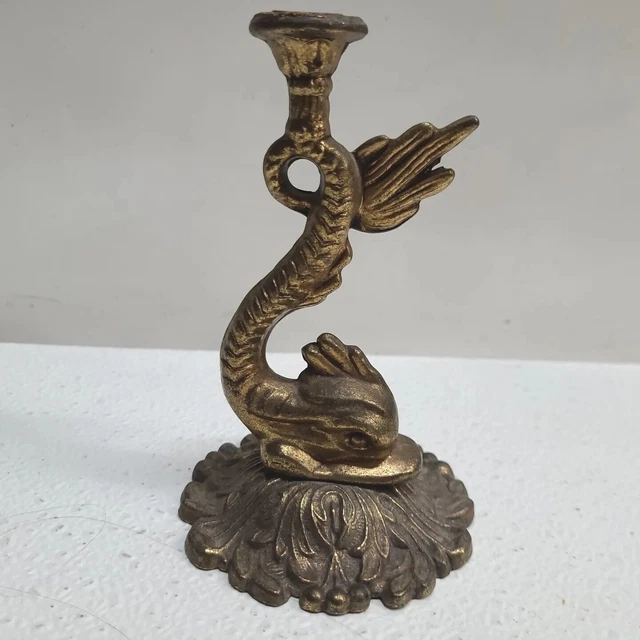 Salvaged Vintage Oriental Mythical Koi Fish Figure Solid Brass Lamp Part 5.5"