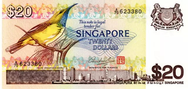 Singapore 20 Dollars 1979 UNC Banknote P-12 Prefix A/79 Bird Series Paper Money