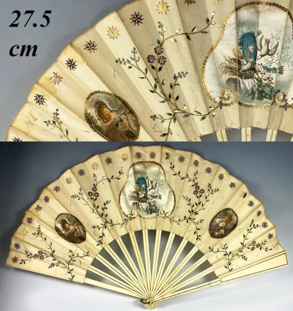 Antique French Hand Painted Silk & 27.5 cm Bone Fan, Embroidery and Sequins