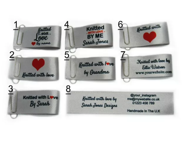 Knitted with love sew in craft business labels for fabric satin ribbon in silver