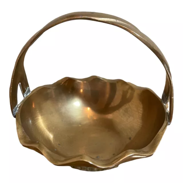 Solid Brass Basket Twist Handle Scallop Footed Dish Trinket Metal Size 4” H