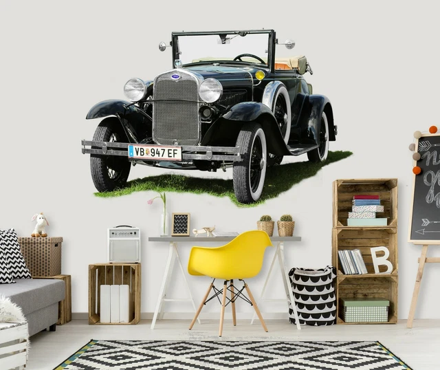 3d mural wallpaper broken wall bricks and a classic red car. world map in a colo