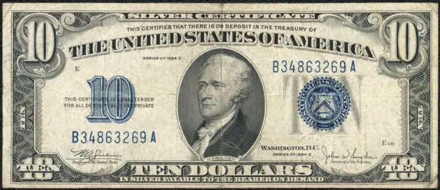 1934 C $10 Ten Dollar Silver Certificate Note Fr#1704