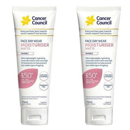 2 uds Cancer Council ropa de día hidratante mate SPF50+ invisible 75 ml